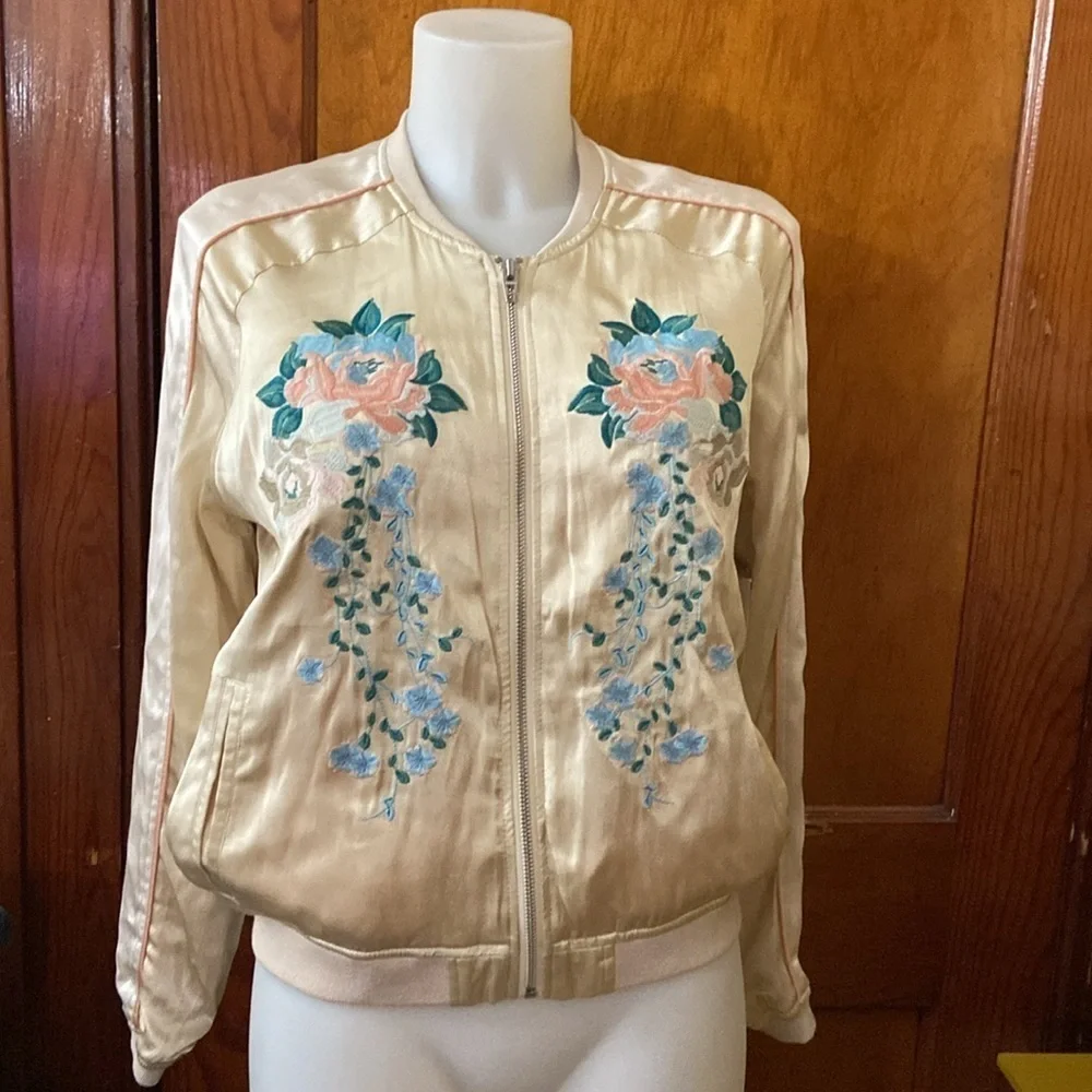 Blank NYC Satin Bomber Jacket Embroidered Floral Cream